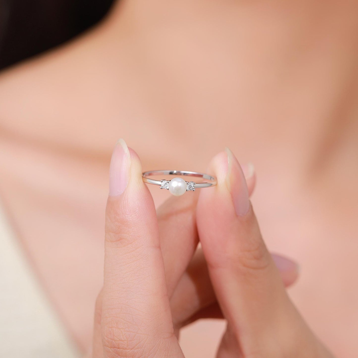 Genuine Freshwater Pearl and CZ Ring in Sterling Silver, Natural Pearl Ring, Real Pearl Ring in US 5 - 8