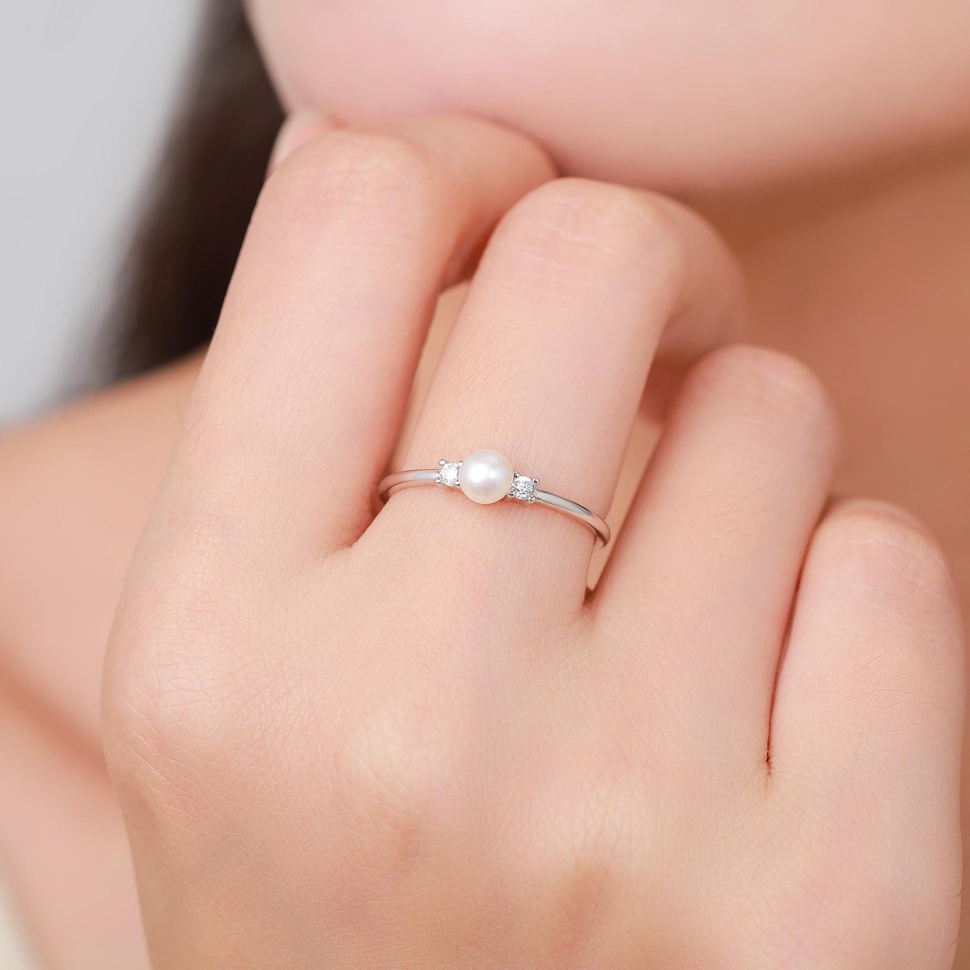 Genuine Freshwater Pearl and CZ Ring in Sterling Silver, Natural Pearl Ring, Real Pearl Ring in US 5 - 8