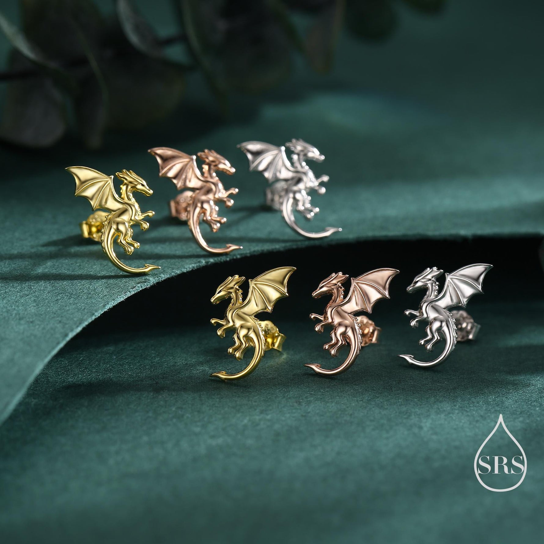 Dragon with Wings Stud Earrings in Sterling Silver, Available in Silver, Gold or Rose Gold, Sterling Silver Dragon Earrings