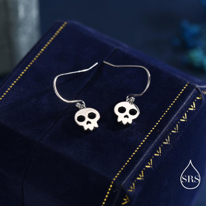 Cute Skull Drop Hook Earrings in Sterling Silver, Silver or Gold or Rose Gold, Dainty Skeleton Skull Earrings, Silver Skull Earrings