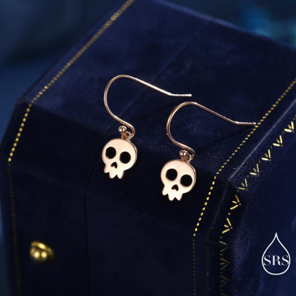Cute Skull Drop Hook Earrings in Sterling Silver, Silver or Gold or Rose Gold, Dainty Skeleton Skull Earrings, Silver Skull Earrings