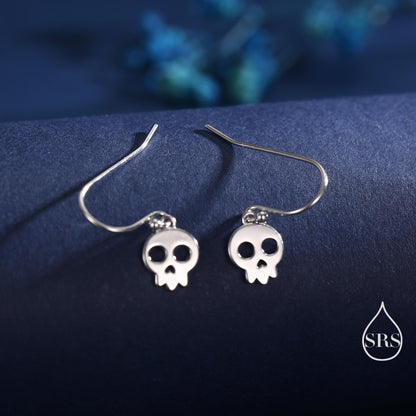 Cute Skull Drop Hook Earrings in Sterling Silver, Silver or Gold or Rose Gold, Dainty Skeleton Skull Earrings, Silver Skull Earrings
