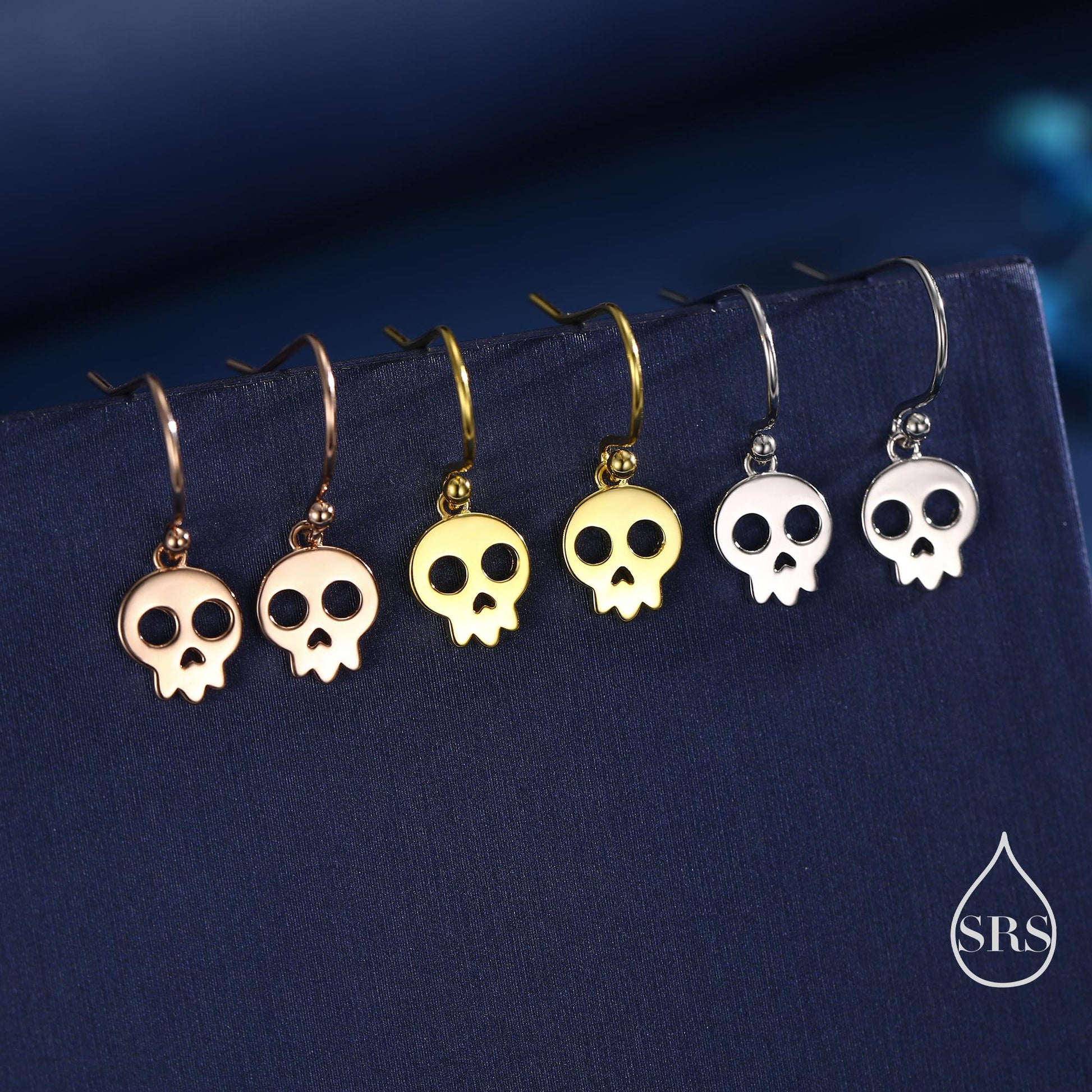 Cute Skull Drop Hook Earrings in Sterling Silver, Silver or Gold or Rose Gold, Dainty Skeleton Skull Earrings, Silver Skull Earrings