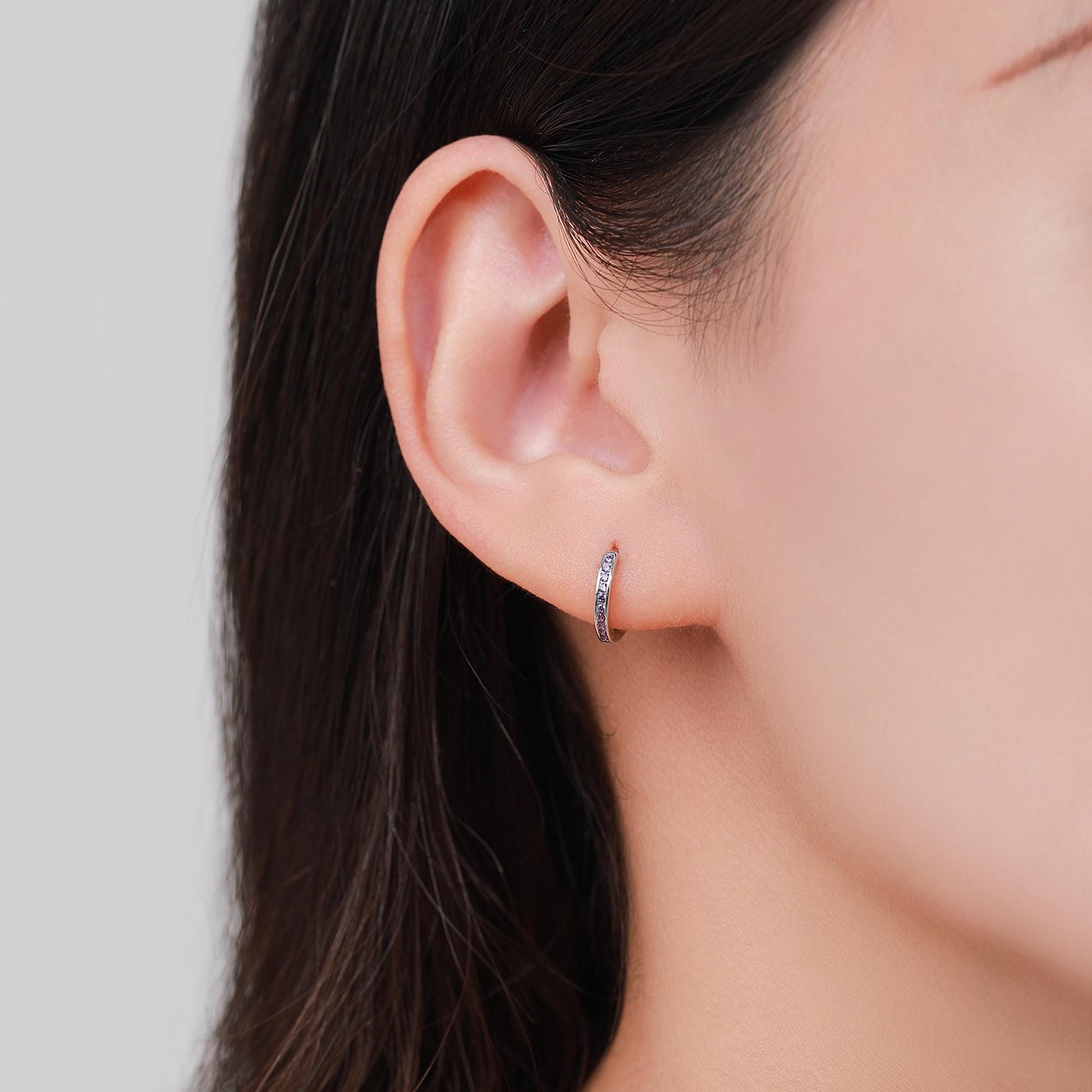 Extra Skinny Lilac Purple Amethyst CZ Huggie Hoop in Sterling Silver, Silver or Gold, 8mm Hoop Earrings, February Birthstone