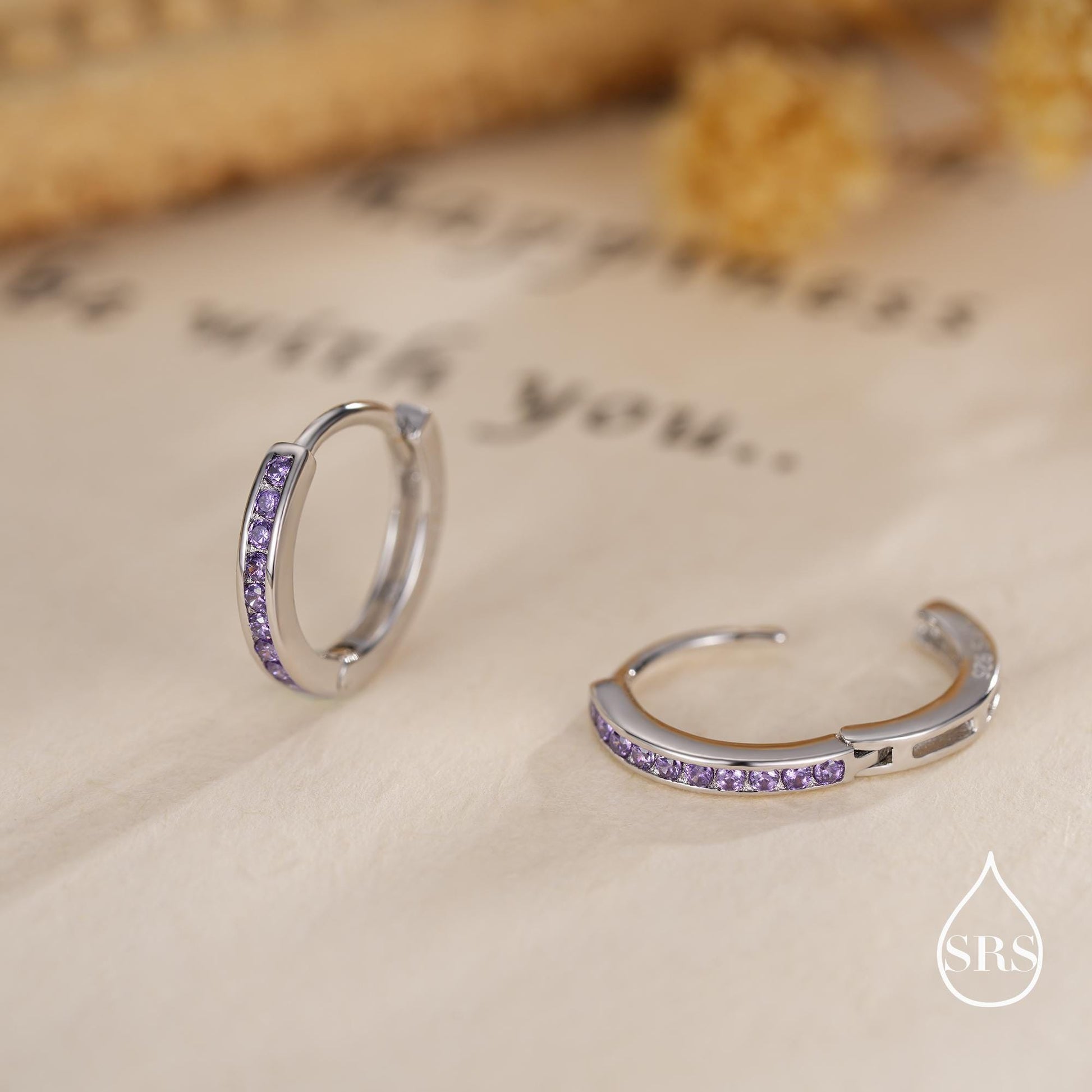 Extra Skinny Lilac Purple Amethyst CZ Huggie Hoop in Sterling Silver, Silver or Gold, 8mm Hoop Earrings, February Birthstone