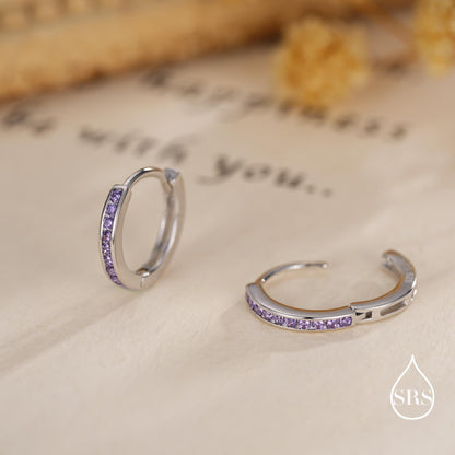 Extra Skinny Lilac Purple Amethyst CZ Huggie Hoop in Sterling Silver, Silver or Gold, 8mm Hoop Earrings, February Birthstone