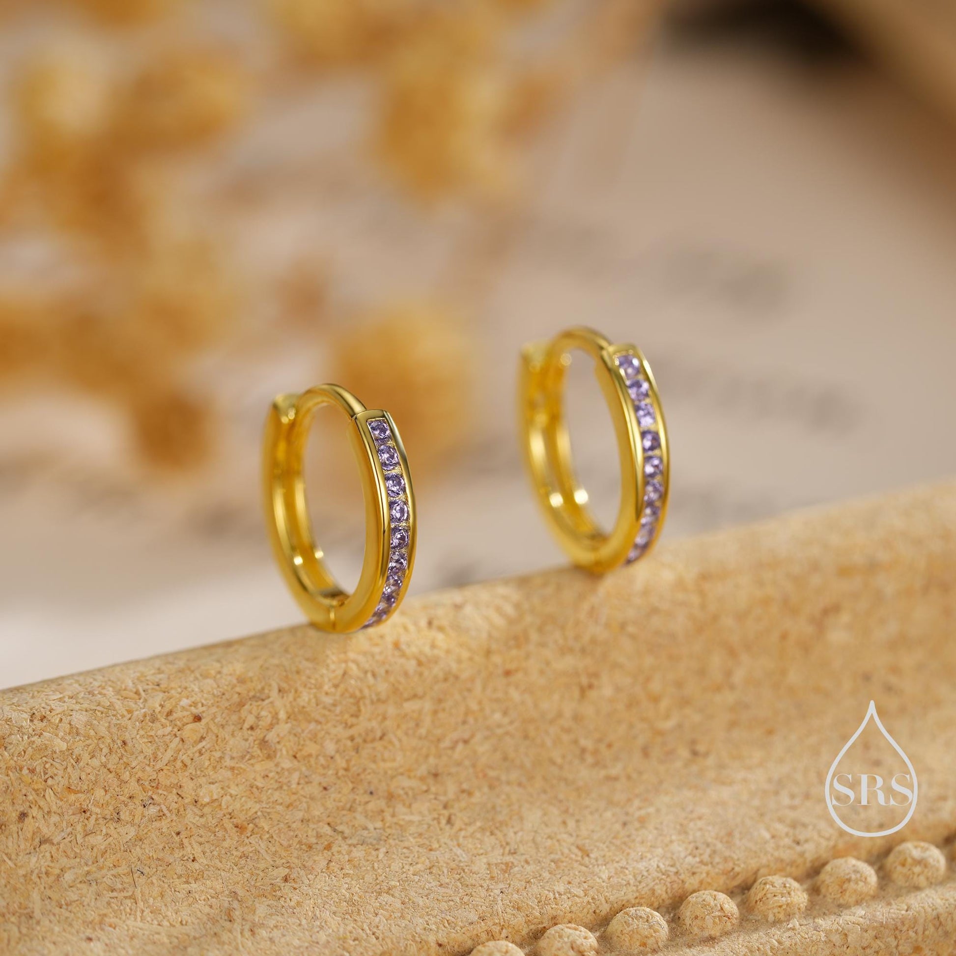 Extra Skinny Lilac Purple Amethyst CZ Huggie Hoop in Sterling Silver, Silver or Gold, 8mm Hoop Earrings, February Birthstone