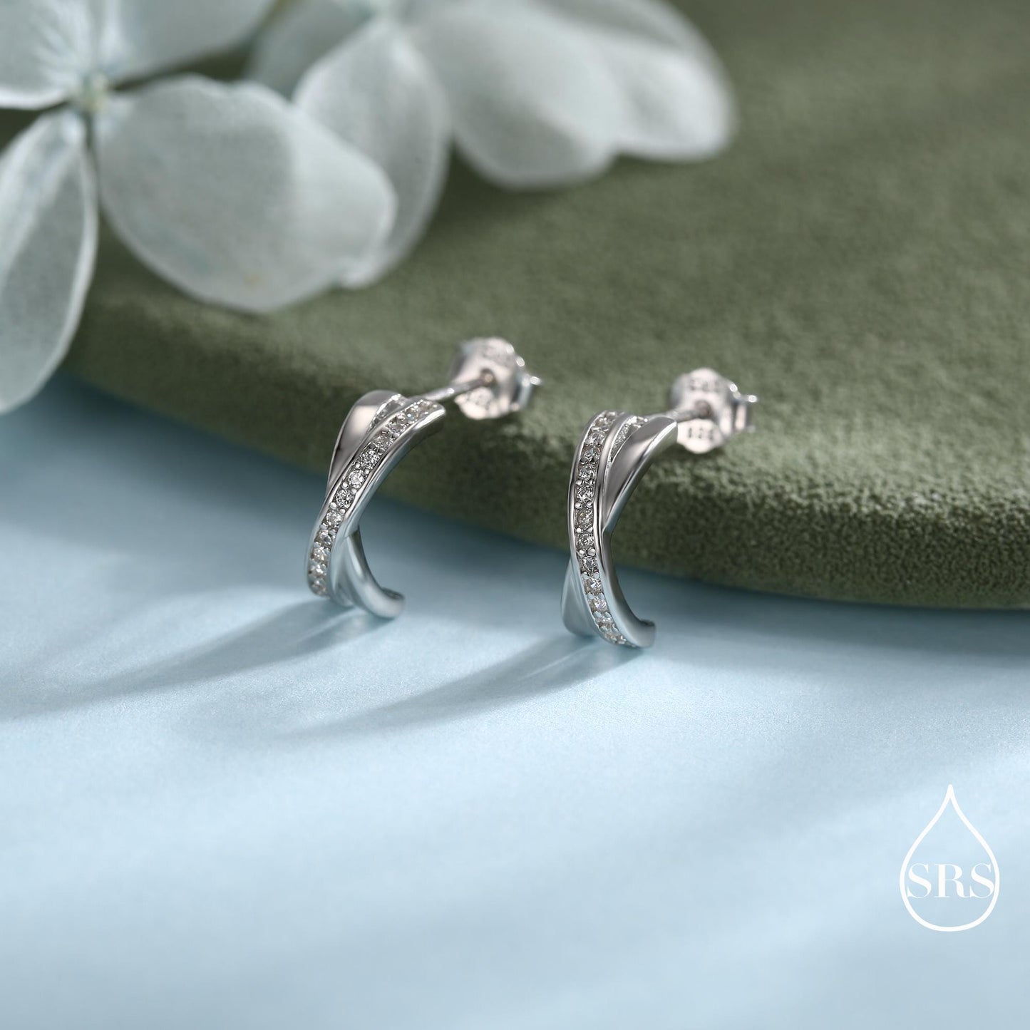 Double Hoop Effect Earrings in Sterling Silver, Cross Over CZ Criss Cross Pave Hoop Earrings, Silver, Gold, Rose Gold, Dainty and Delicate