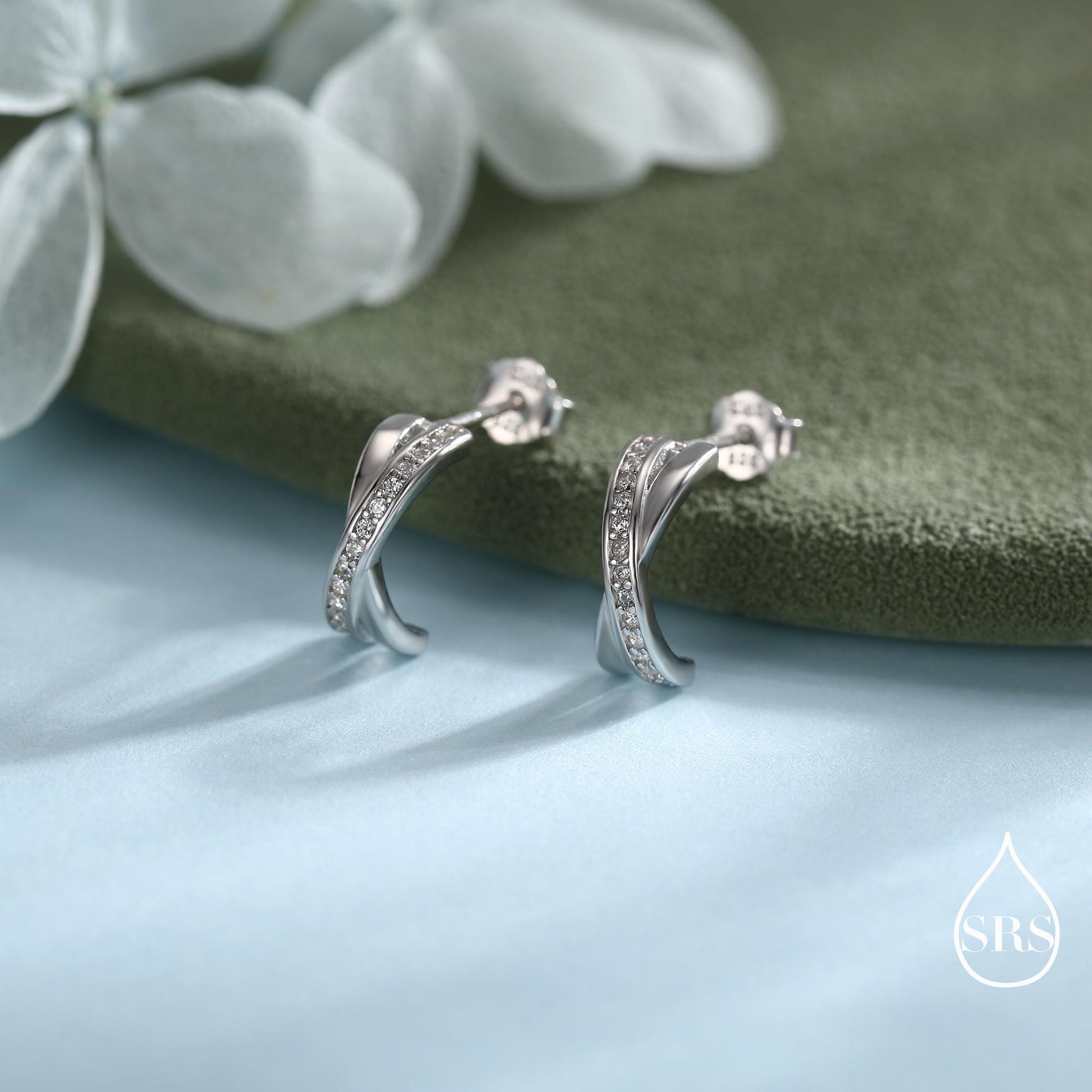 Double Hoop Effect Earrings in Sterling Silver, Cross Over CZ Criss Cross Pave Hoop Earrings, Silver, Gold, Rose Gold, Dainty and Delicate