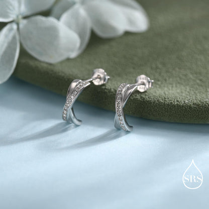 Double Hoop Effect Earrings in Sterling Silver, Cross Over CZ Criss Cross Pave Hoop Earrings, Silver, Gold, Rose Gold, Dainty and Delicate