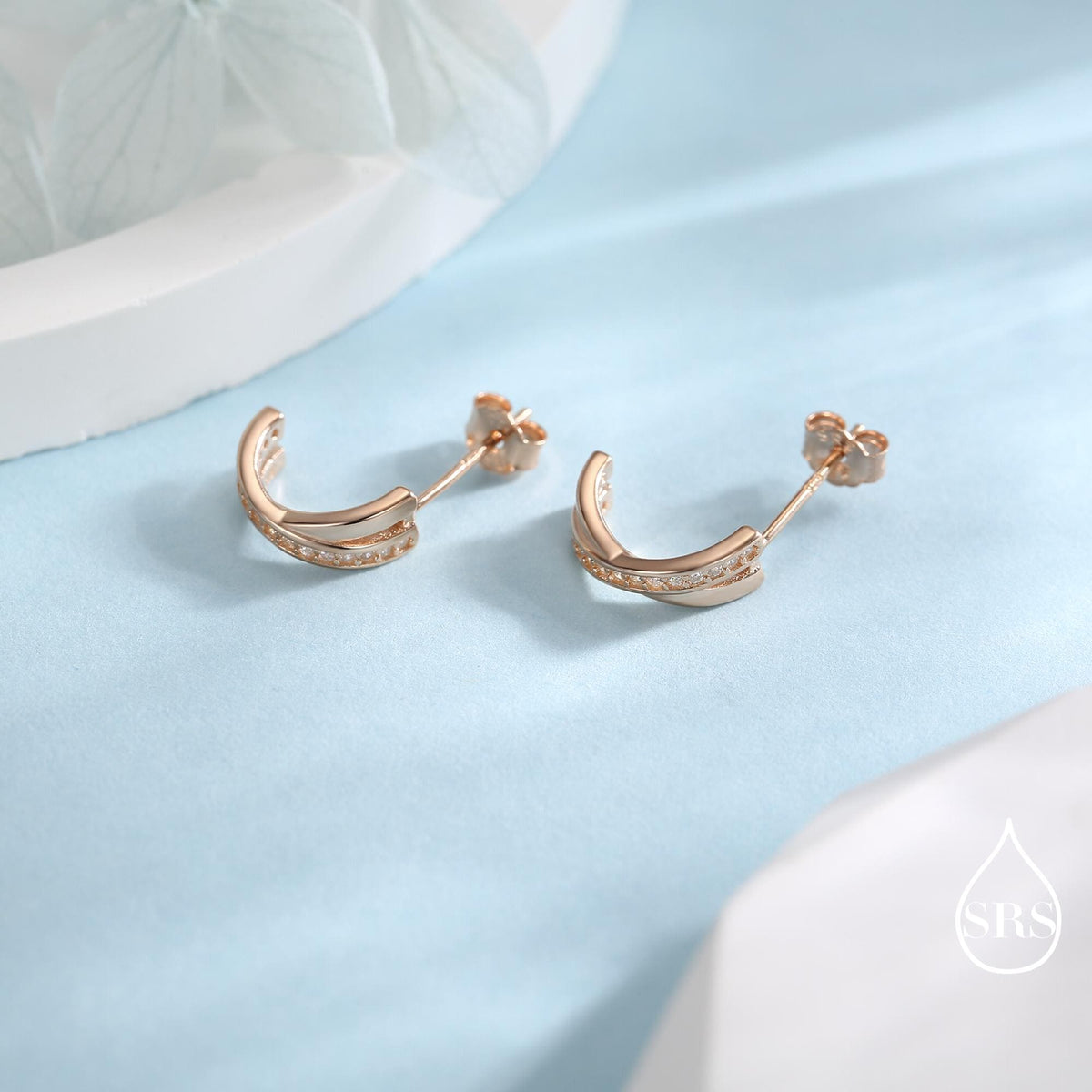 Double Hoop Effect Earrings in Sterling Silver, Cross Over CZ Criss Cross Pave Hoop Earrings, Silver, Gold, Rose Gold, Dainty and Delicate
