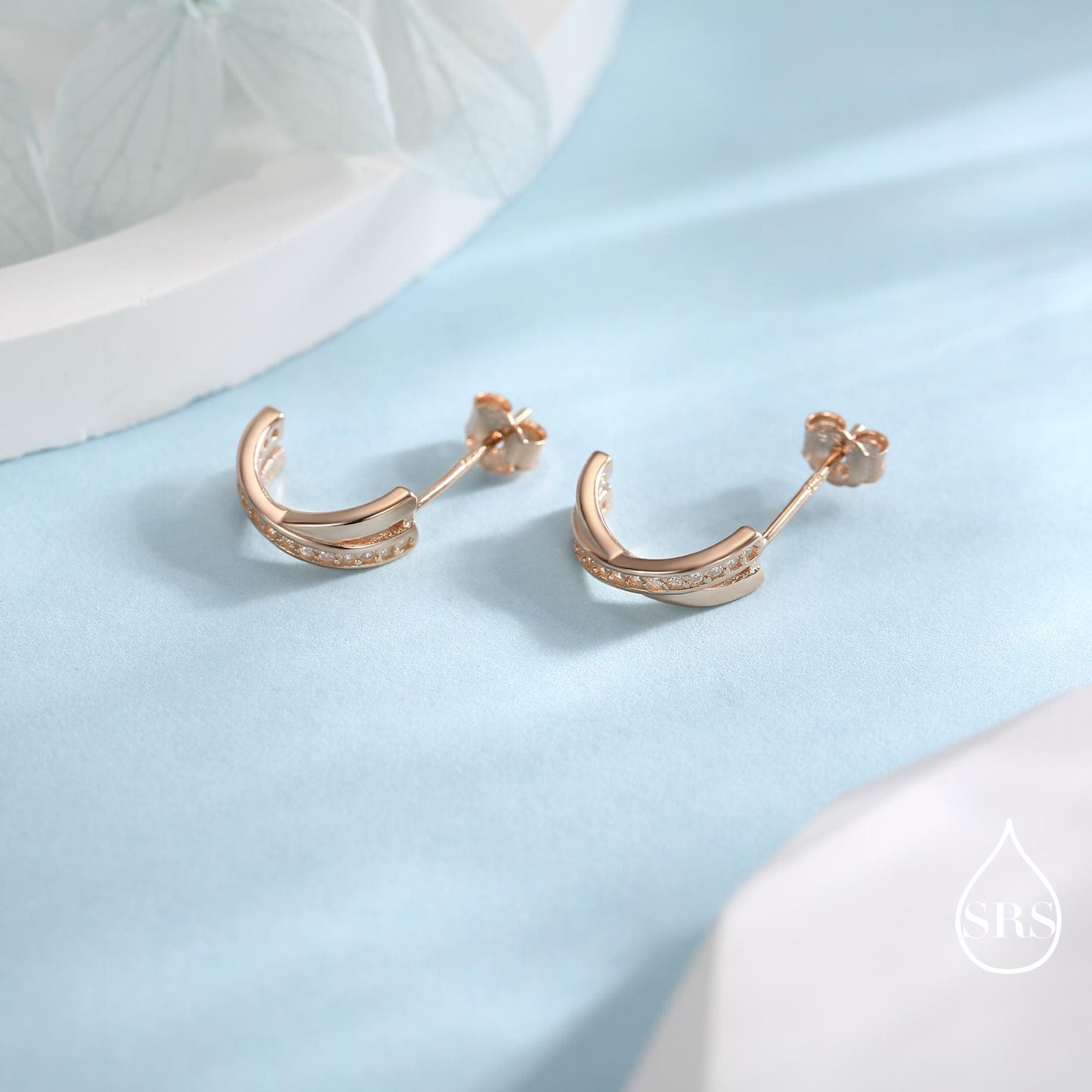 Double Hoop Effect Earrings in Sterling Silver, Cross Over CZ Criss Cross Pave Hoop Earrings, Silver, Gold, Rose Gold, Dainty and Delicate