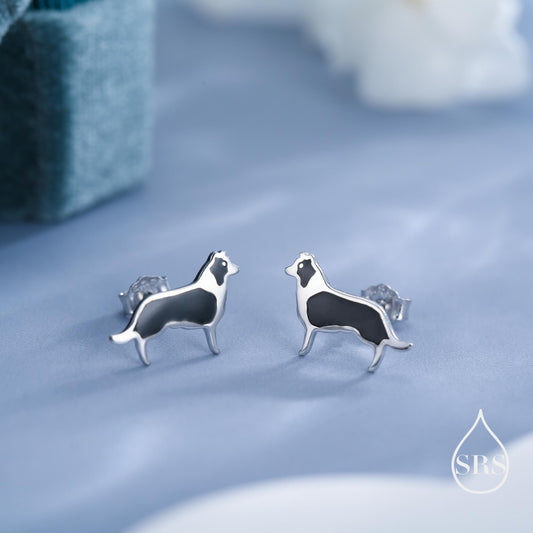 Tiny Enamel Border Collie Dog Stud Earrings in Sterling Silver, Dog Earrings, Animal Earrings, Pet Lover