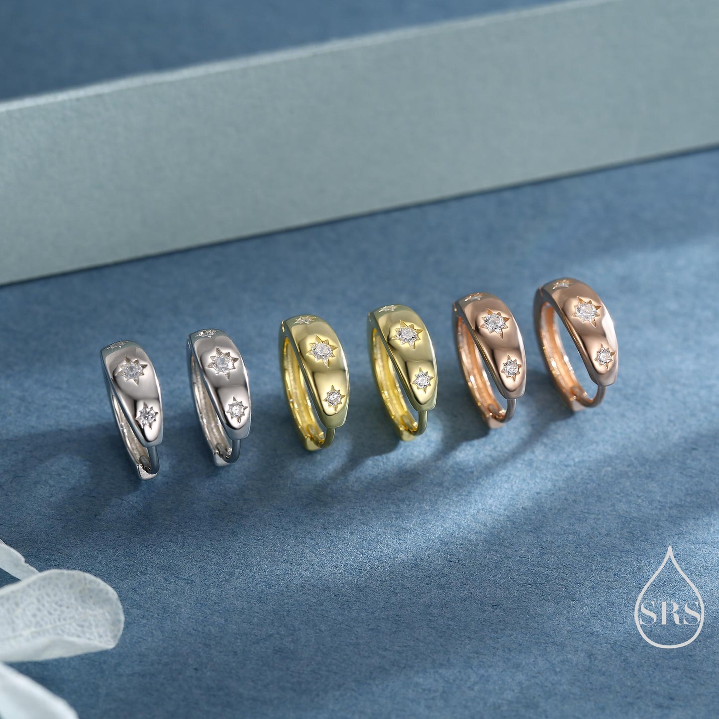 CZ Starburst Chubby Huggie Hoop Earrings in Sterling Silver, Gold or Rose Gold, North Star Earrings, Sunburst Earrings, Celestial