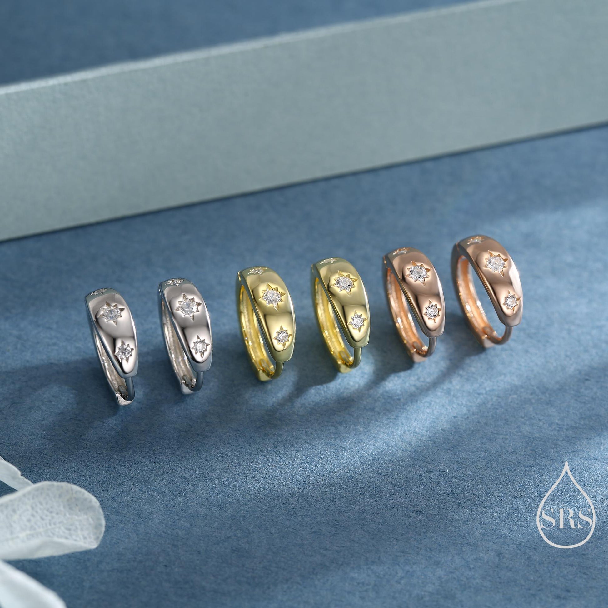 CZ Starburst Chubby Huggie Hoop Earrings in Sterling Silver, Gold or Rose Gold, North Star Earrings, Sunburst Earrings, Celestial