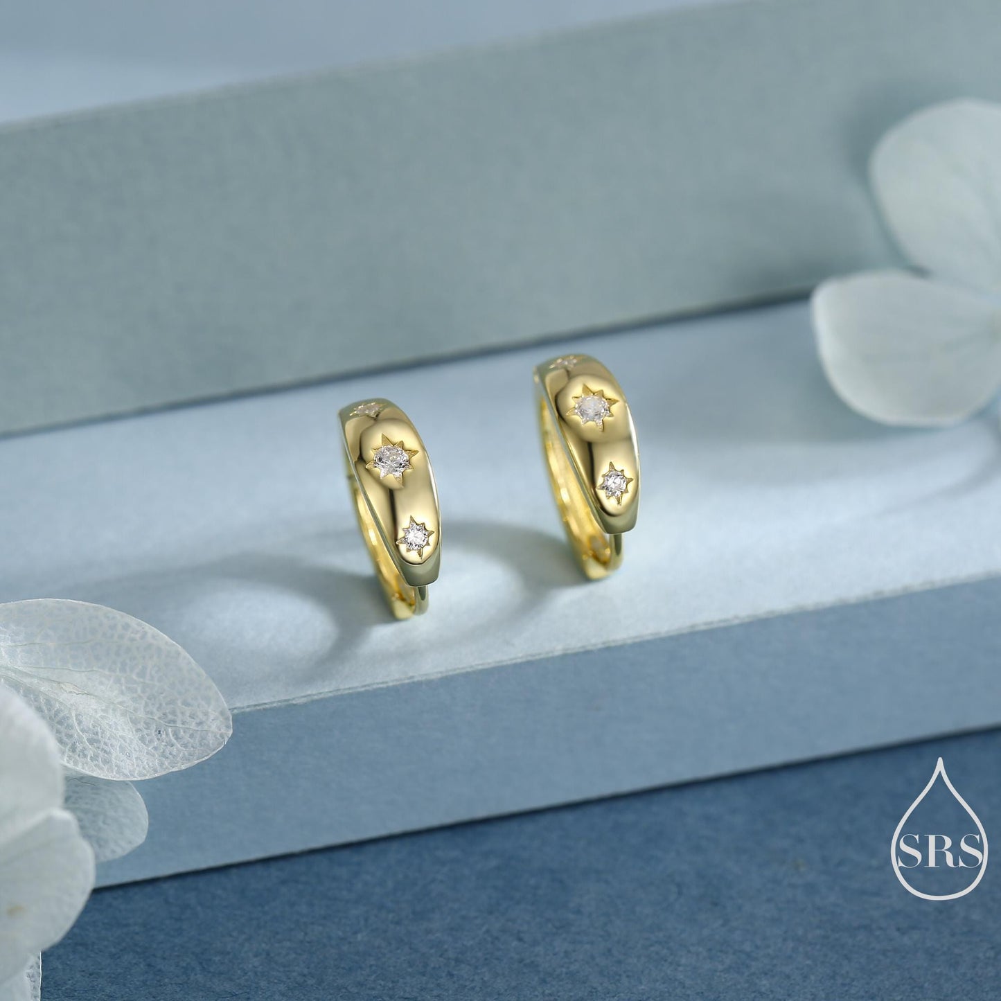 CZ Starburst Chubby Huggie Hoop Earrings in Sterling Silver, Gold or Rose Gold, North Star Earrings, Sunburst Earrings, Celestial