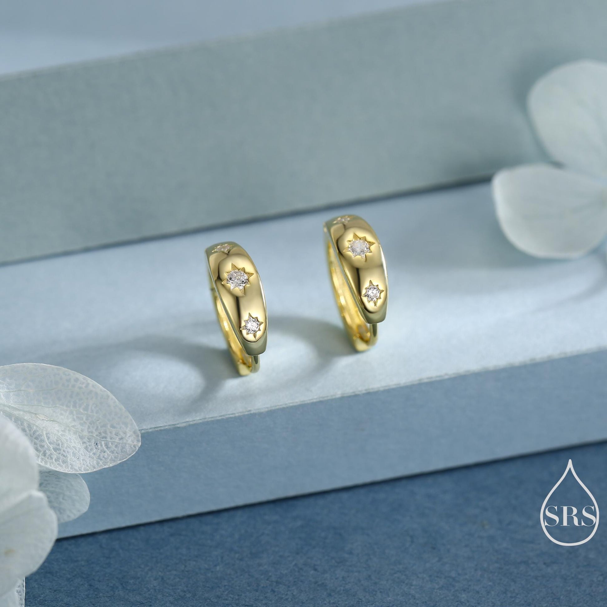 CZ Starburst Chubby Huggie Hoop Earrings in Sterling Silver, Gold or Rose Gold, North Star Earrings, Sunburst Earrings, Celestial