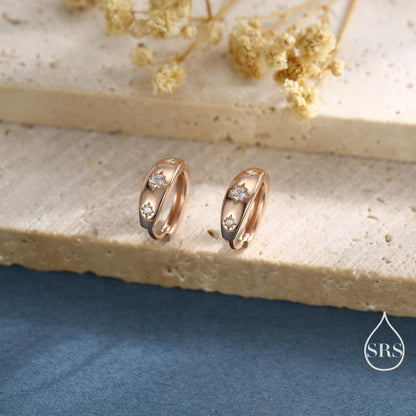 CZ Starburst Chubby Huggie Hoop Earrings in Sterling Silver, Gold or Rose Gold, North Star Earrings, Sunburst Earrings, Celestial