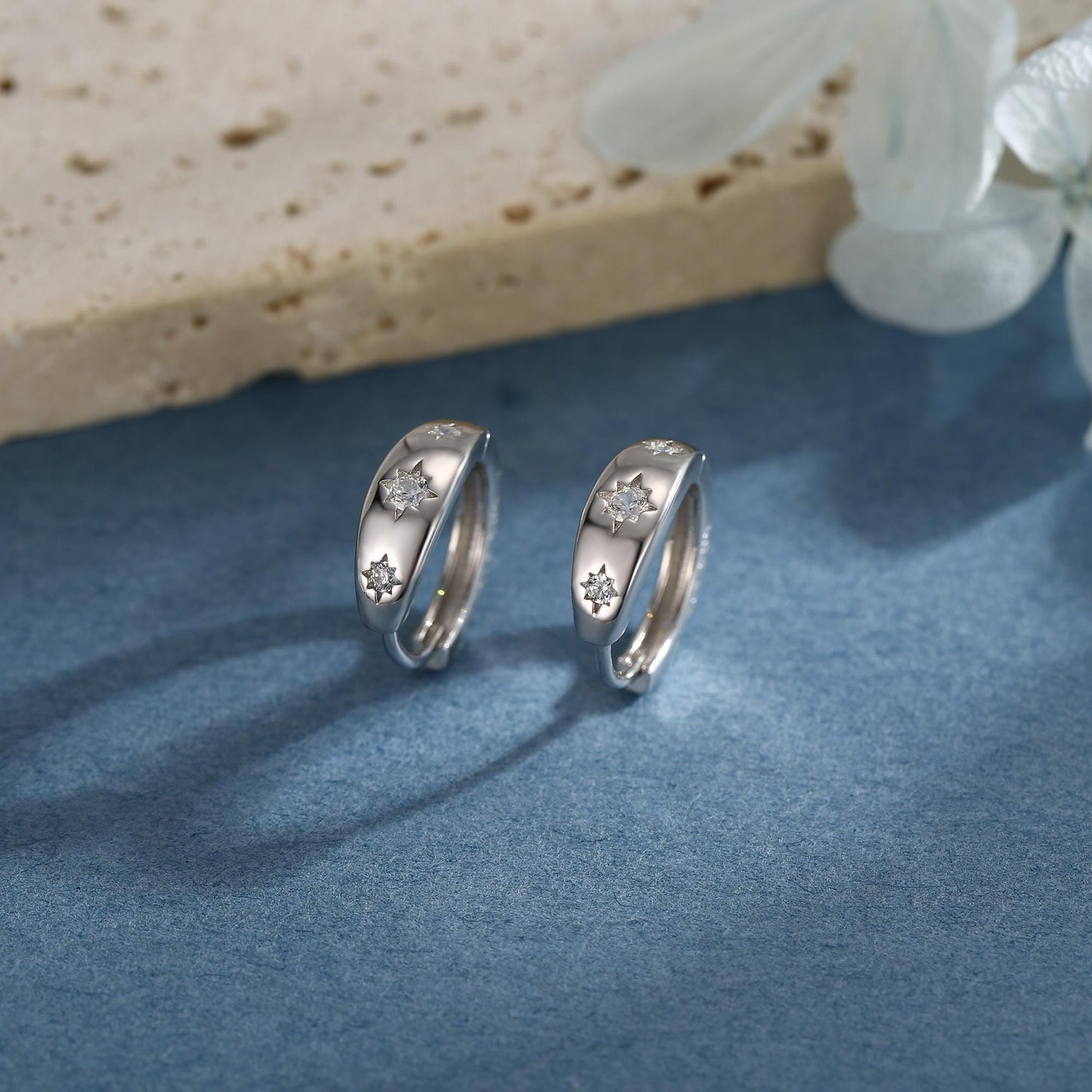 CZ Starburst Chubby Huggie Hoop Earrings in Sterling Silver, Gold or Rose Gold, North Star Earrings, Sunburst Earrings, Celestial