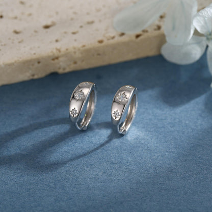 CZ Starburst Chubby Huggie Hoop Earrings in Sterling Silver, Gold or Rose Gold, North Star Earrings, Sunburst Earrings, Celestial