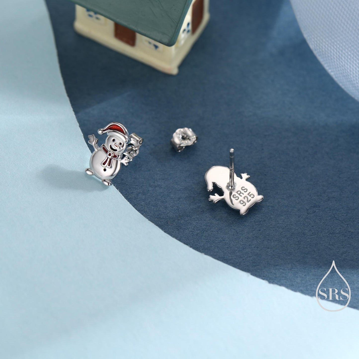 Cute Snowman with Christmas Hat Stud Earrings in Sterling Silver, Winter Earrings, Snowman Earrings, Christmas Earrings