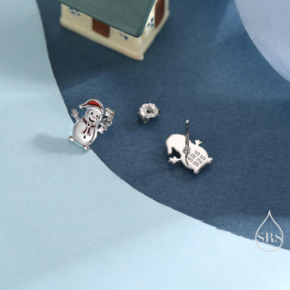Cute Snowman with Christmas Hat Stud Earrings in Sterling Silver, Winter Earrings, Snowman Earrings, Christmas Earrings