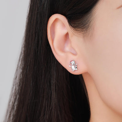 Cute Snowman with Christmas Hat Stud Earrings in Sterling Silver, Winter Earrings, Snowman Earrings, Christmas Earrings