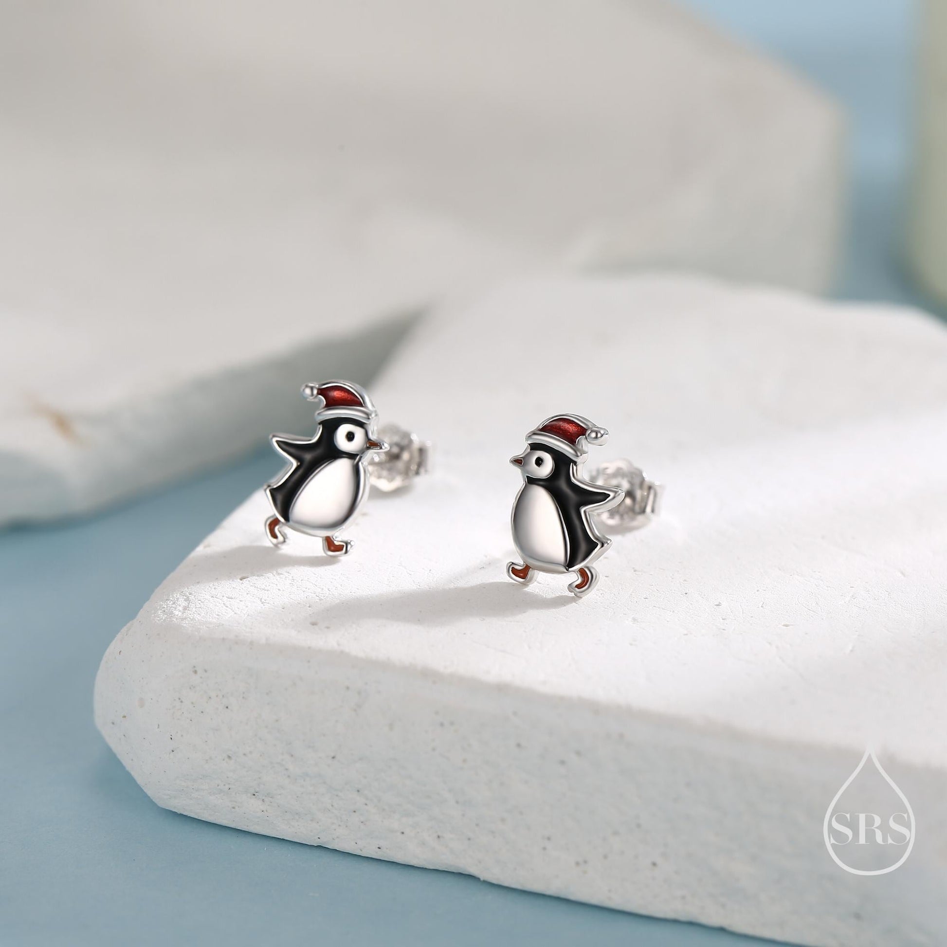 Cute Penguin with Christmas Hat Stud Earrings in Sterling Silver, Winter Earrings, Penguin Earrings, Christmas Earrings