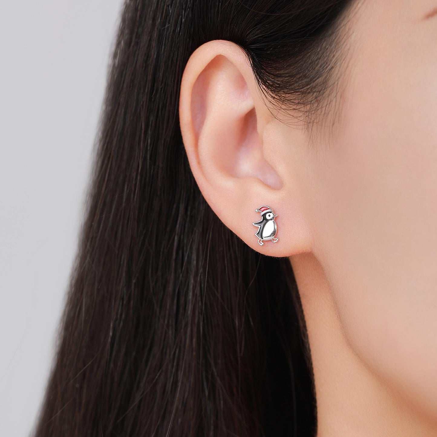 Cute Penguin with Christmas Hat Stud Earrings in Sterling Silver, Winter Earrings, Penguin Earrings, Christmas Earrings