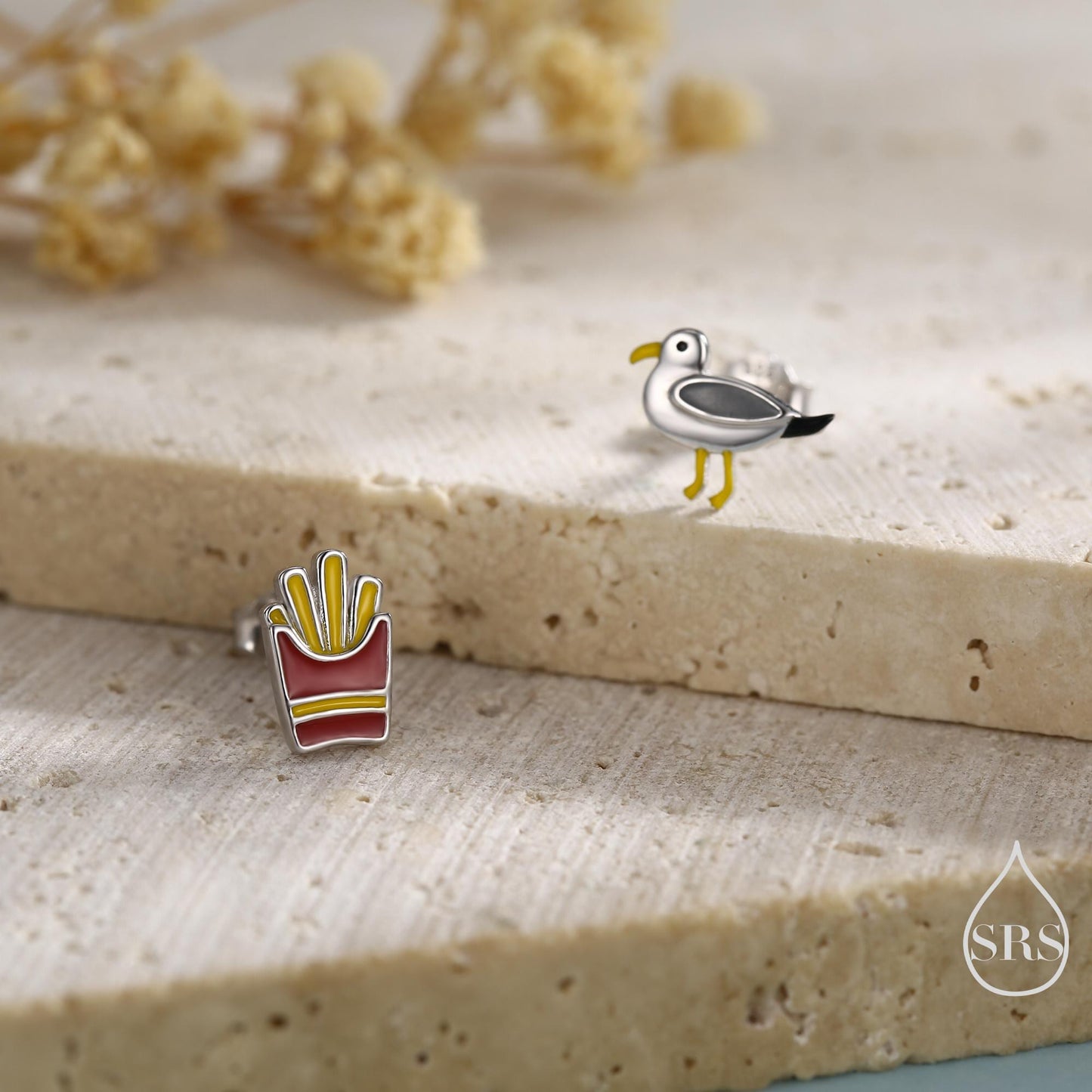 Quirky Mismatched Seagull and French Fries Stud Earrings in Sterling Silver, Enamel Coated Chips and Seagull Earrings, Bird Earrings
