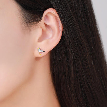 Quirky Mismatched Seagull and French Fries Stud Earrings in Sterling Silver, Enamel Coated Chips and Seagull Earrings, Bird Earrings
