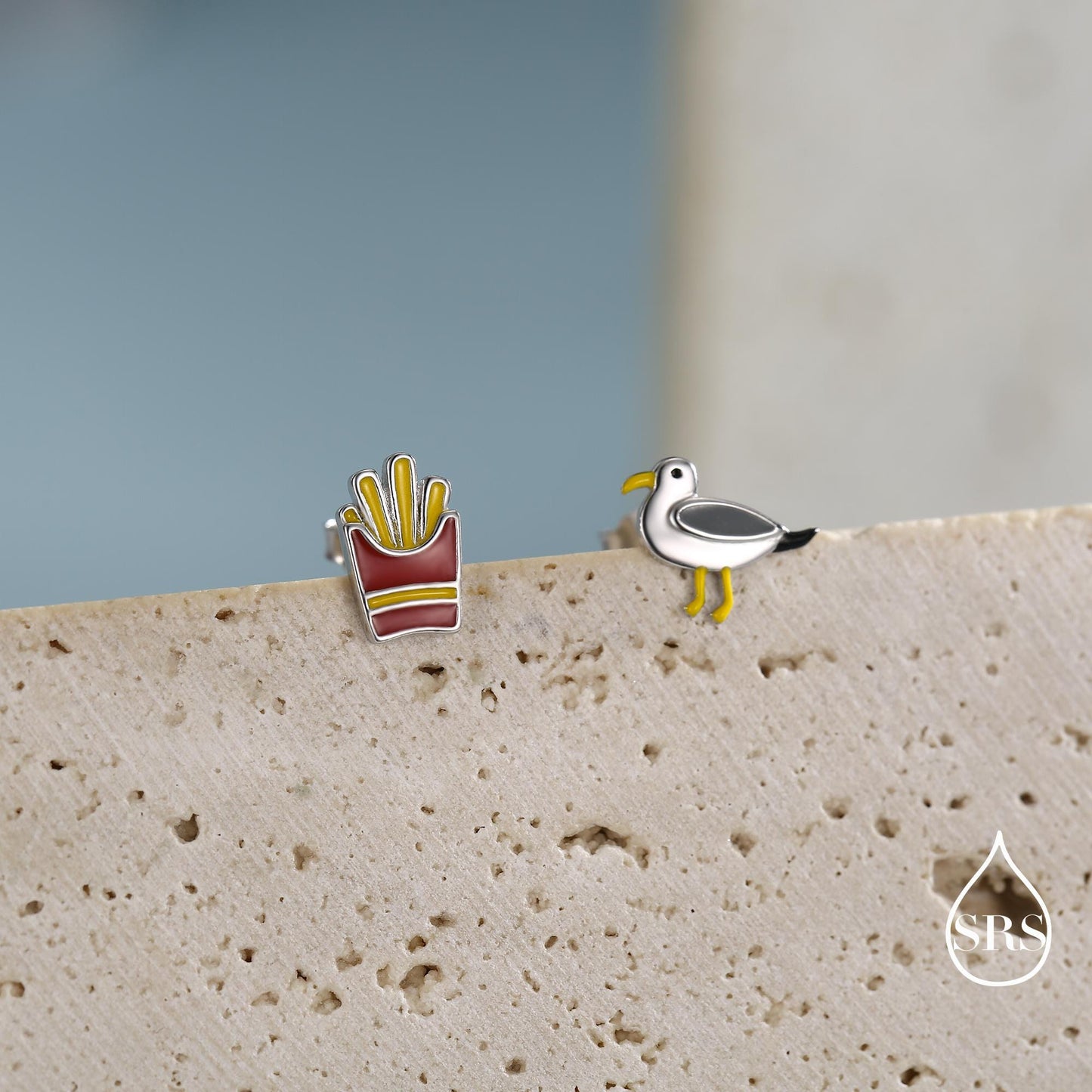 Quirky Mismatched Seagull and French Fries Stud Earrings in Sterling Silver, Enamel Coated Chips and Seagull Earrings, Bird Earrings