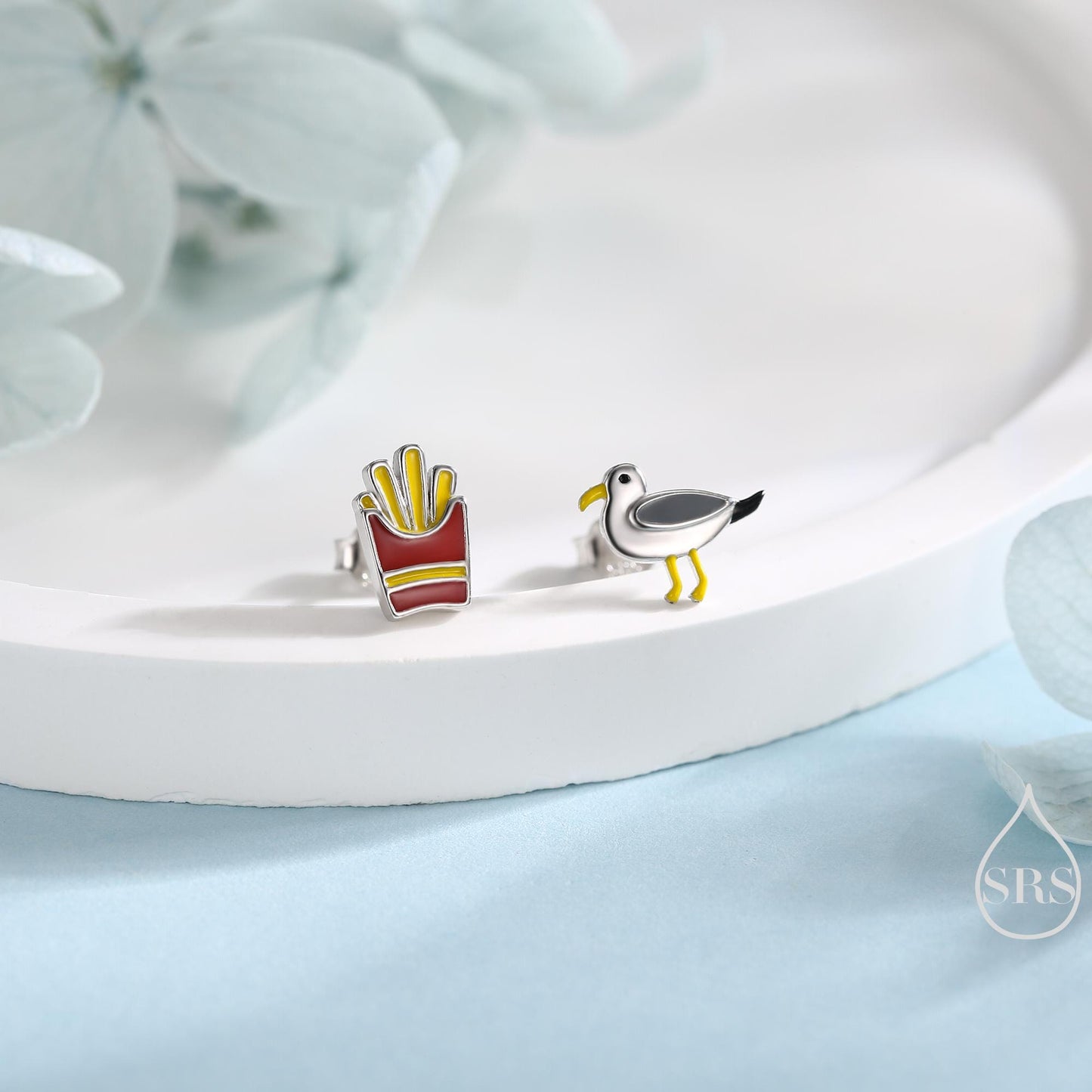 Quirky Mismatched Seagull and French Fries Stud Earrings in Sterling Silver, Enamel Coated Chips and Seagull Earrings, Bird Earrings