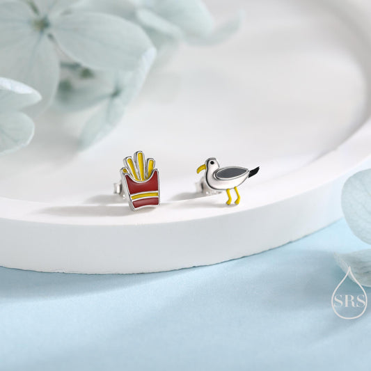 Quirky Mismatched Seagull and French Fries Stud Earrings in Sterling Silver, Enamel Coated Chips and Seagull Earrings, Bird Earrings
