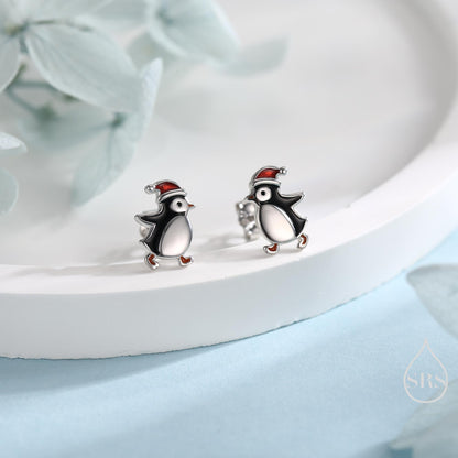 Cute Penguin with Christmas Hat Stud Earrings in Sterling Silver, Winter Earrings, Penguin Earrings, Christmas Earrings