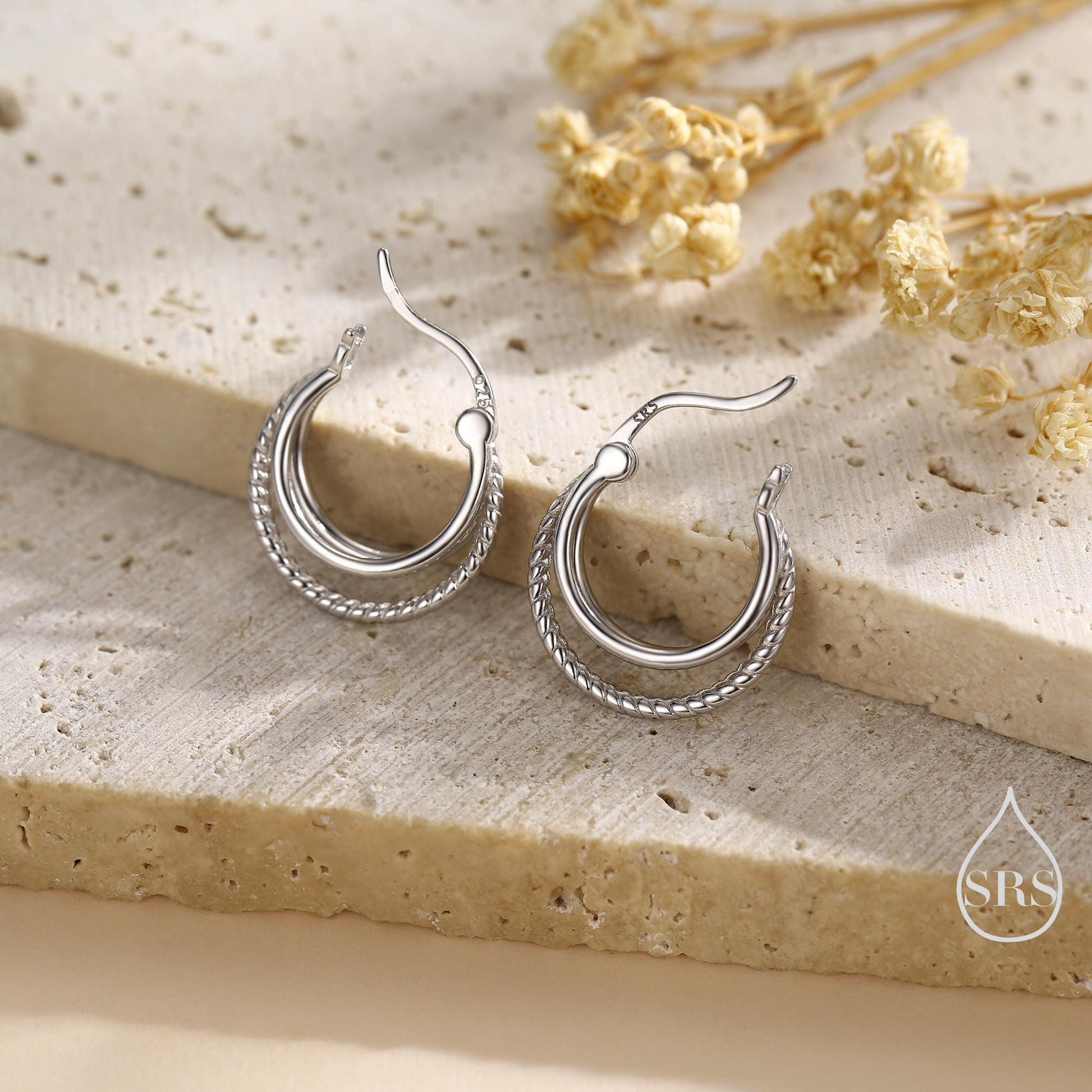 Triple Hoop Effect Earrings in Sterling Silver, Silver or Gold or Rose Gold, Large hoops, Dotted Hoops