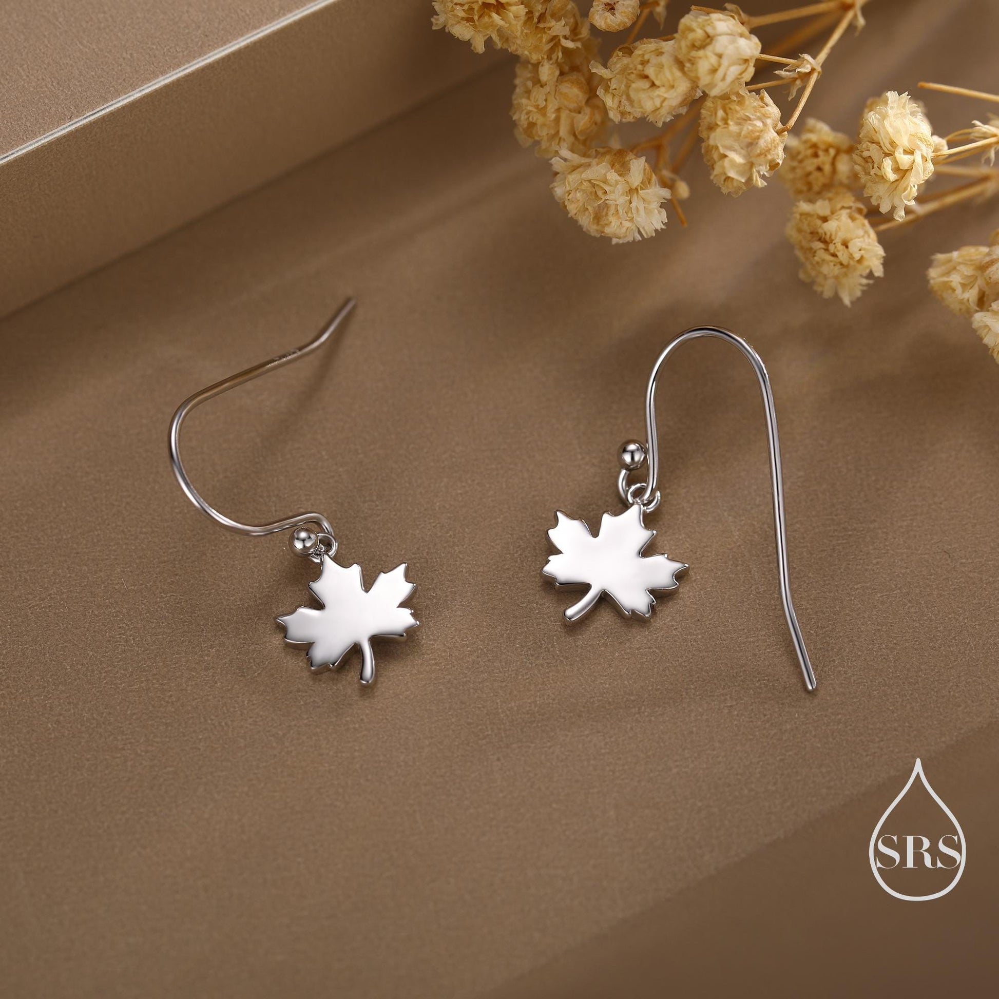Maple Leaf Drop Hook Earrings in Sterling Silver, Silver, Gold or Rose Gold, Pretty Maple Earrings, Autumn Earrings