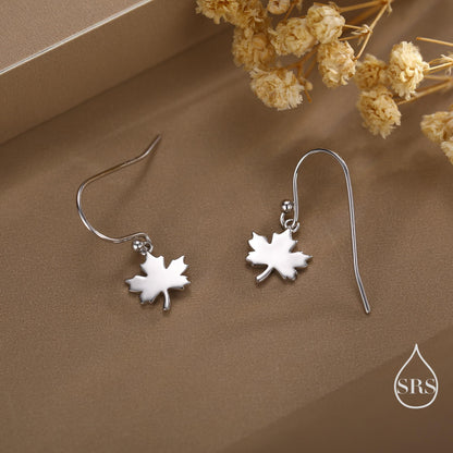 Maple Leaf Drop Hook Earrings in Sterling Silver, Silver, Gold or Rose Gold, Pretty Maple Earrings, Autumn Earrings