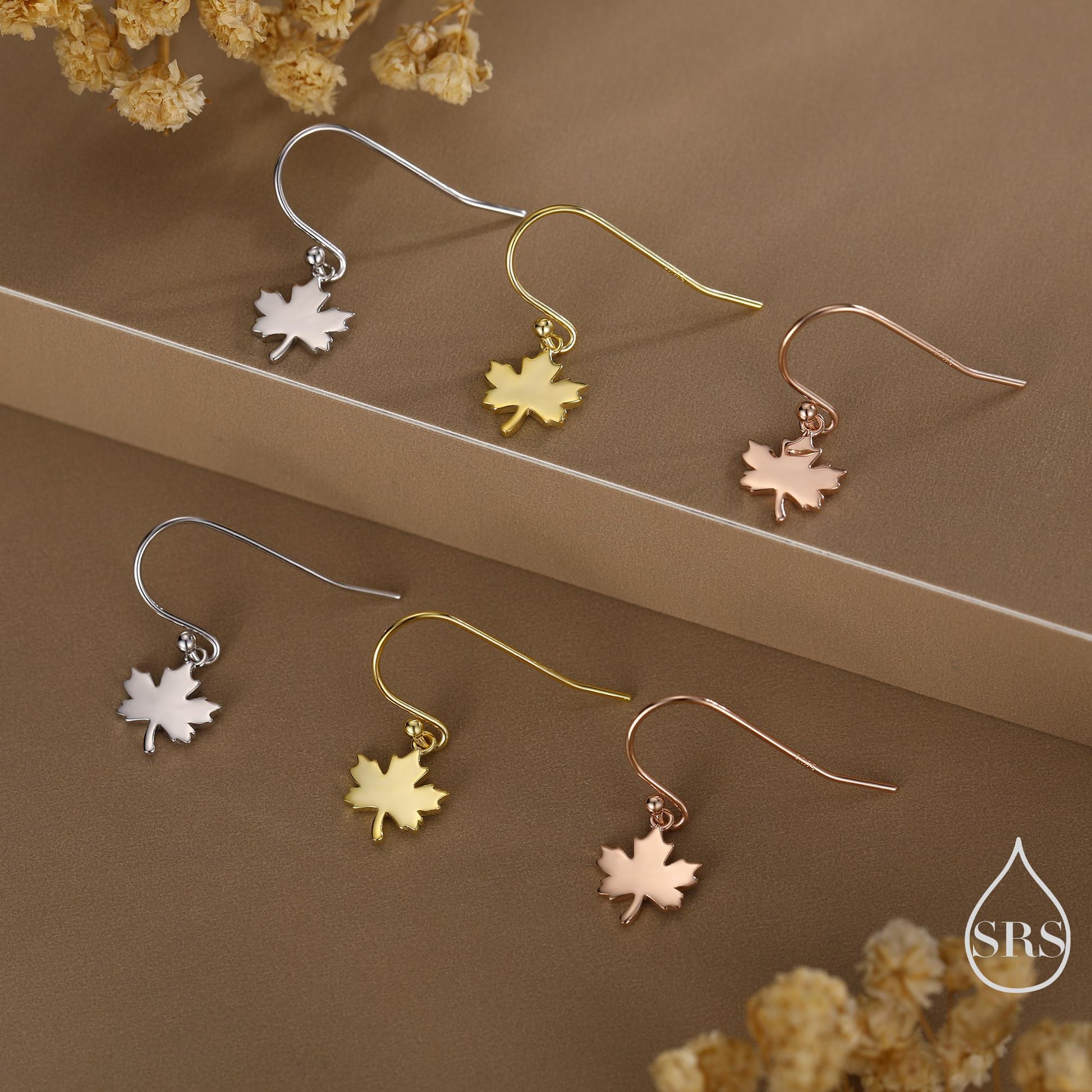 Maple Leaf Drop Hook Earrings in Sterling Silver, Silver, Gold or Rose Gold, Pretty Maple Earrings, Autumn Earrings