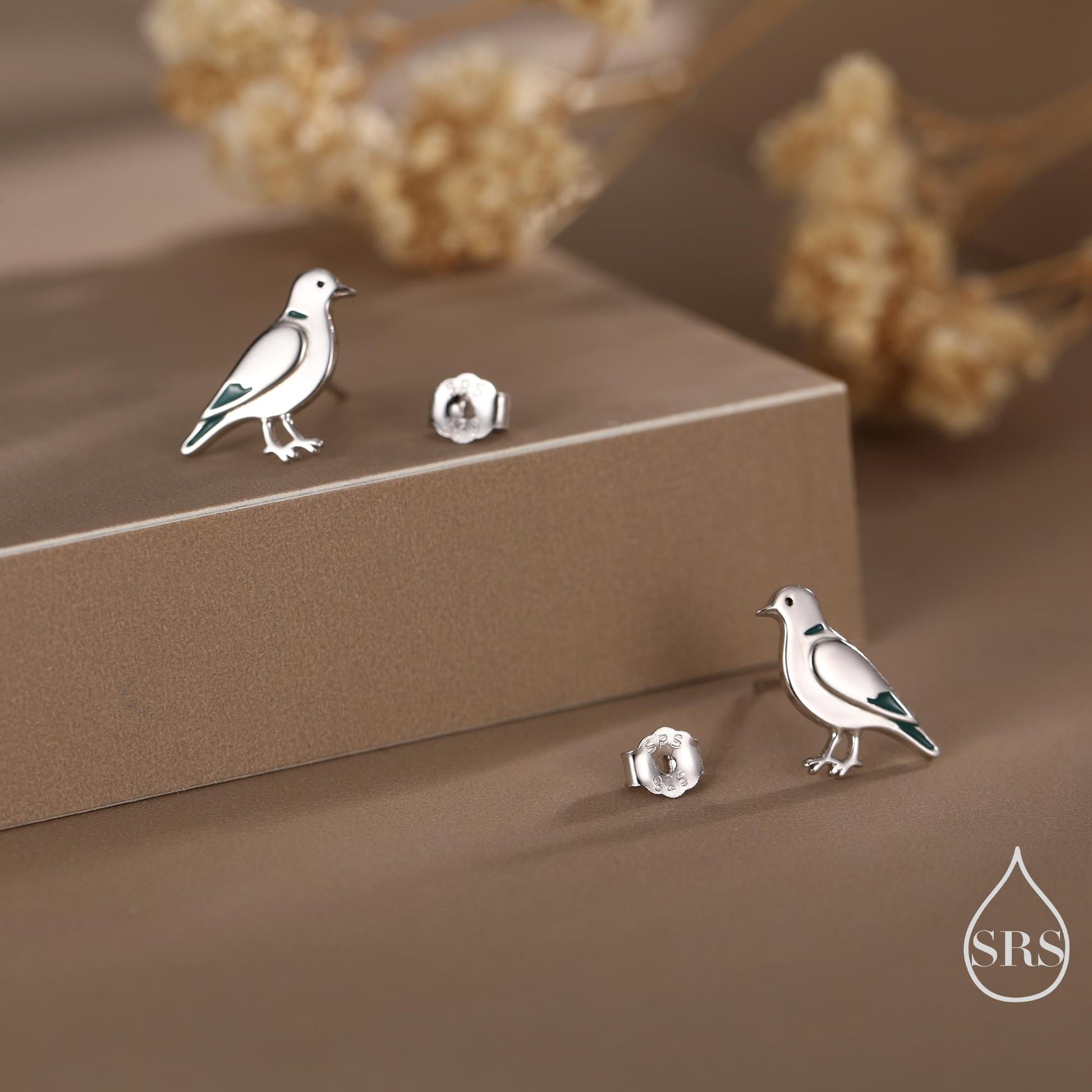 Eurasian Collared Dove Earrings in Sterling Silver, Cute Pigeon Bird Stud Earrings, Nature-Inspired Animal Earrings, Bird Earrings