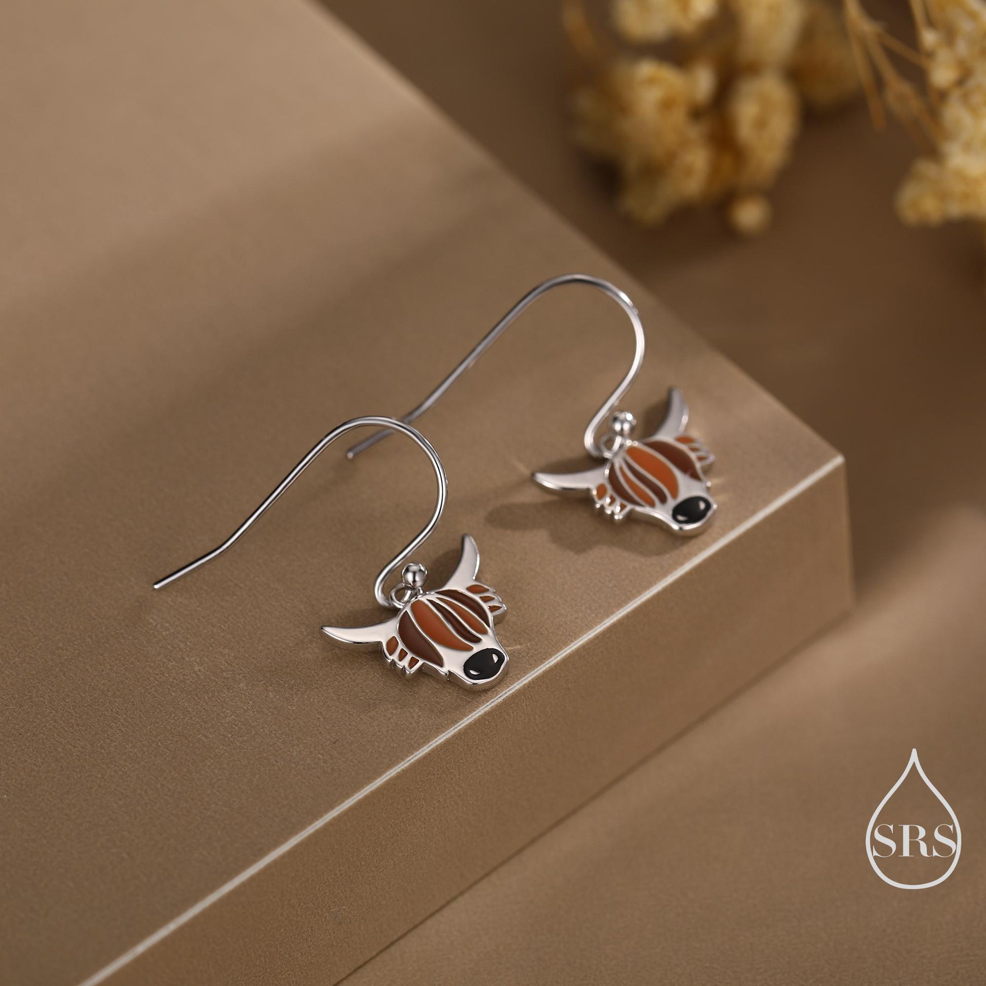 Enamel Highland Cow Drop Dangling Earrings in Sterling Silver, Scottish Inspired Highland Cow Hook Earrings