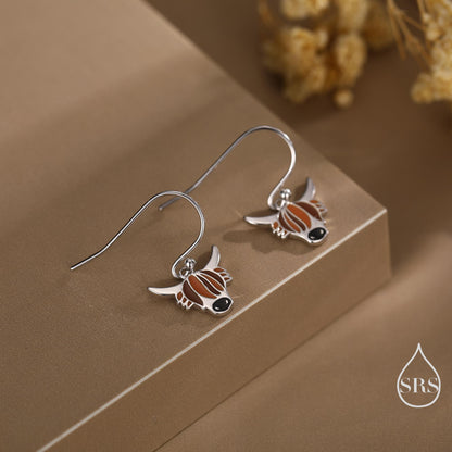 Enamel Highland Cow Drop Dangling Earrings in Sterling Silver, Scottish Inspired Highland Cow Hook Earrings