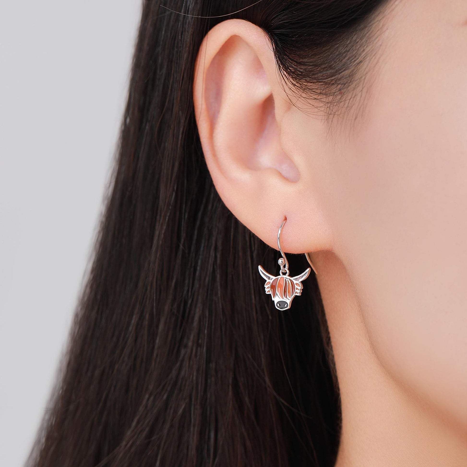 Enamel Highland Cow Drop Dangling Earrings in Sterling Silver, Scottish Inspired Highland Cow Hook Earrings