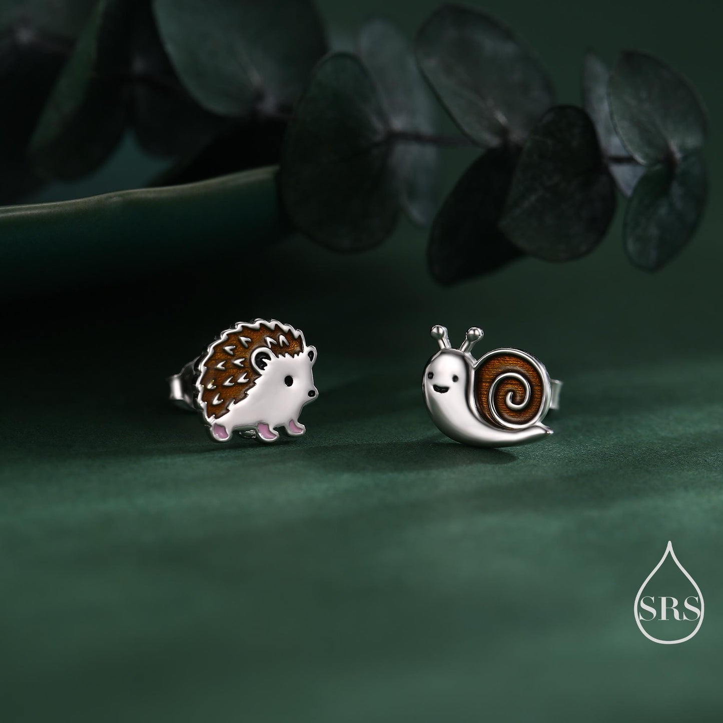 Mismatched Hedgehog and Snail Stud Earrings in Sterling Silver, Woodland Hedgehog Earrings, Nature Inspired Animal Earrings, Asymmetric