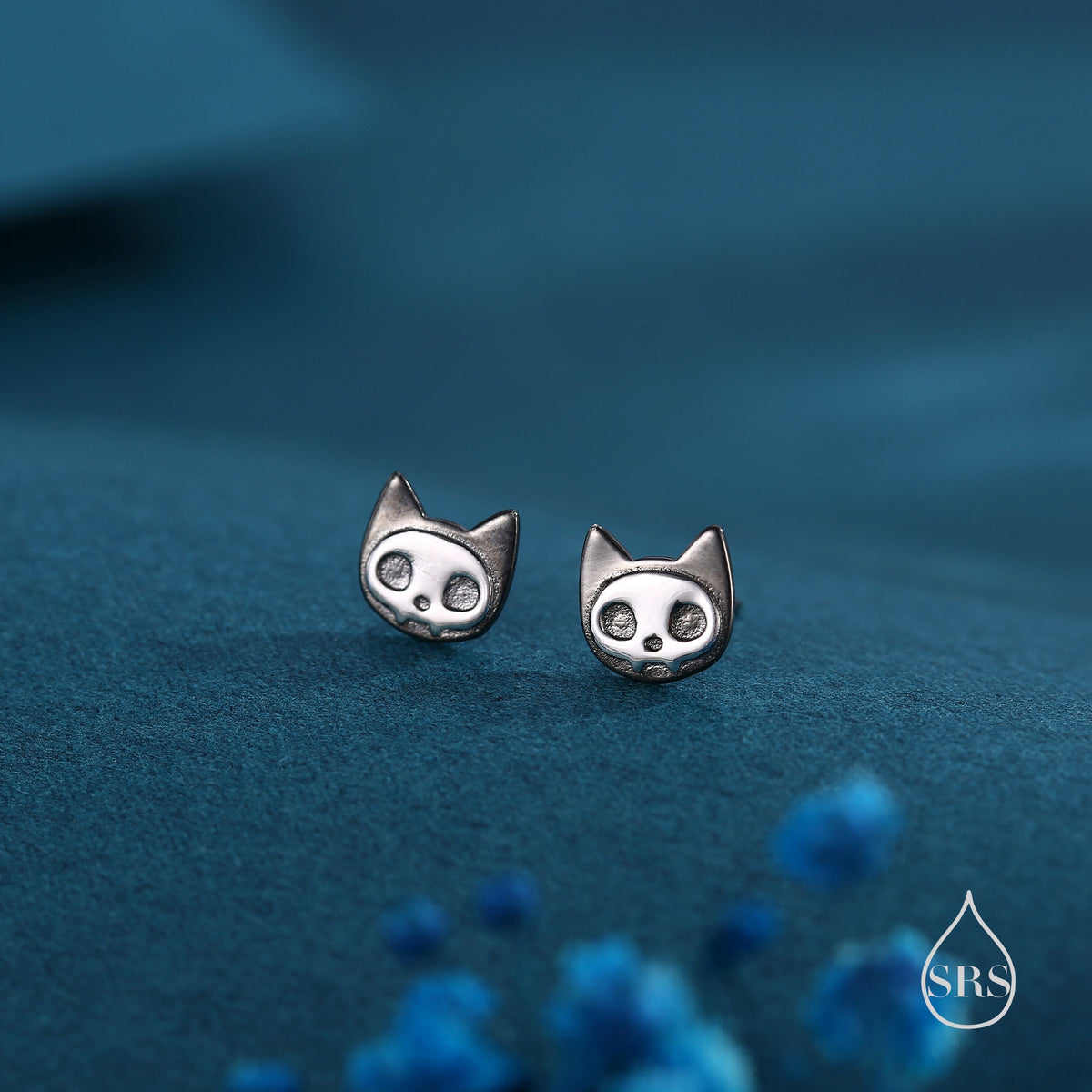Cute Cat Skull Stud Earrings in Sterling Silver, Black Rhodium Partial Coated, Black Cat Stud Earrings in Sterling Silver