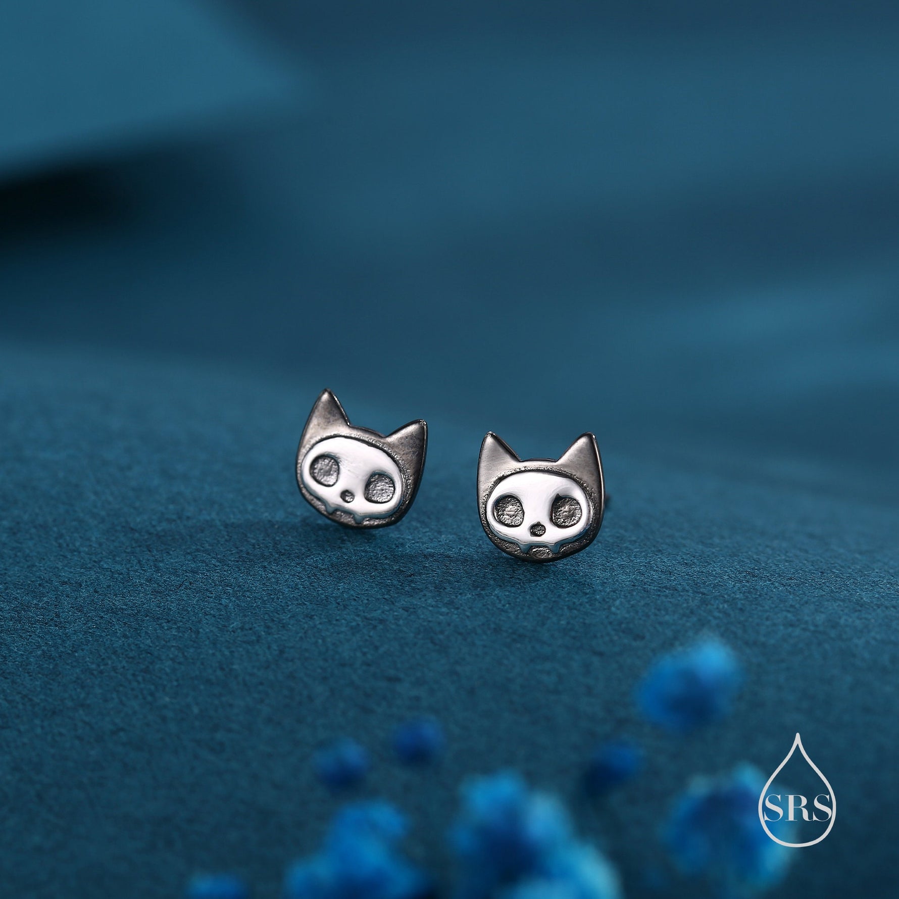 Cute Cat Skull Stud Earrings in Sterling Silver, Black Rhodium Partial Coated, Black Cat Stud Earrings in Sterling Silver