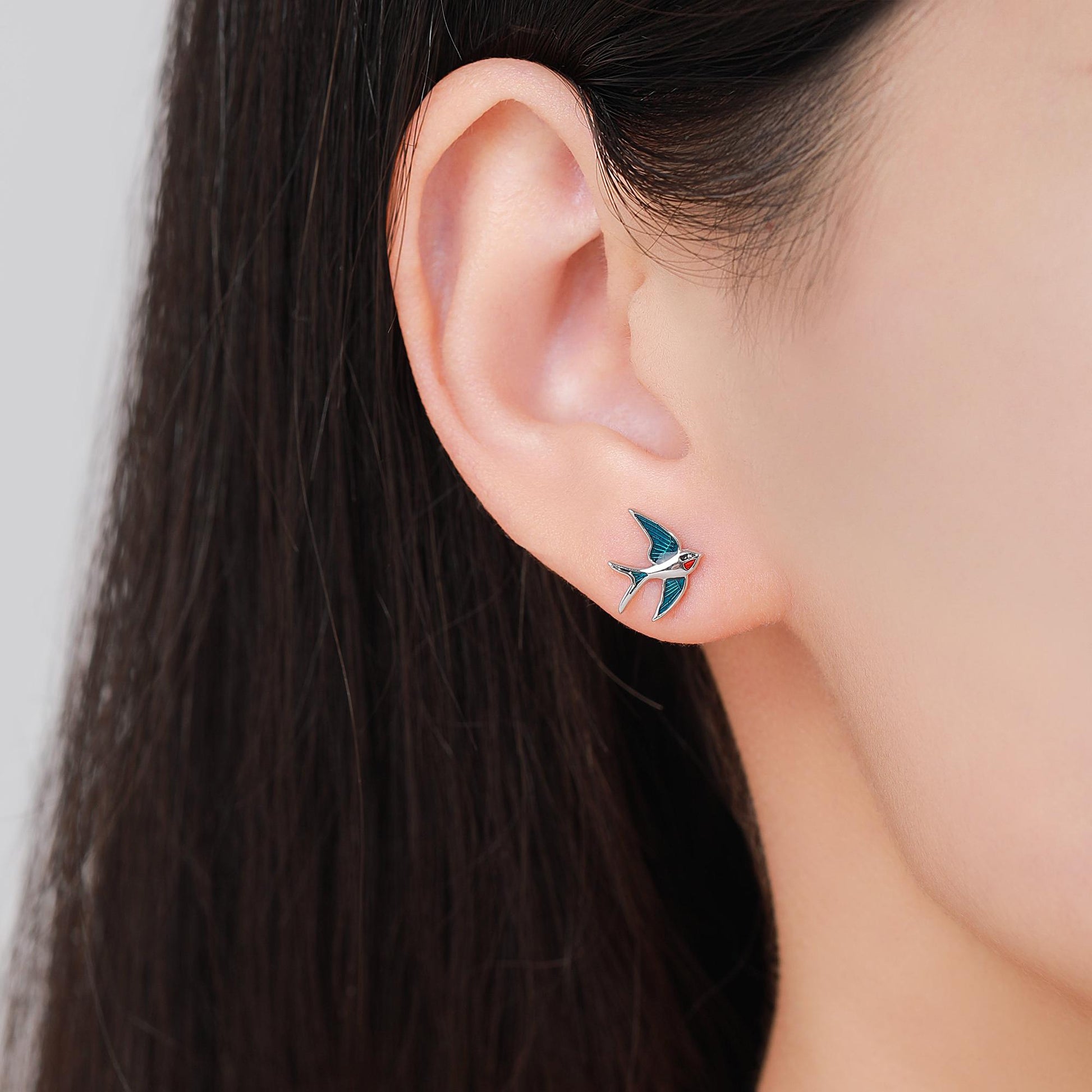 Sterling Silver Barn Swallow Bird Stud Earrings, Enamel Painted Swallow Bird Stud Earrings, Fun and Quirky Colour Bird Stud