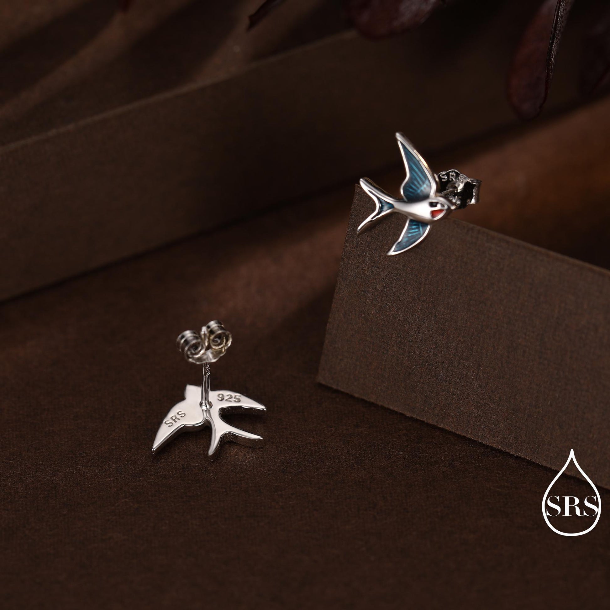 Sterling Silver Barn Swallow Bird Stud Earrings, Enamel Painted Swallow Bird Stud Earrings, Fun and Quirky Colour Bird Stud