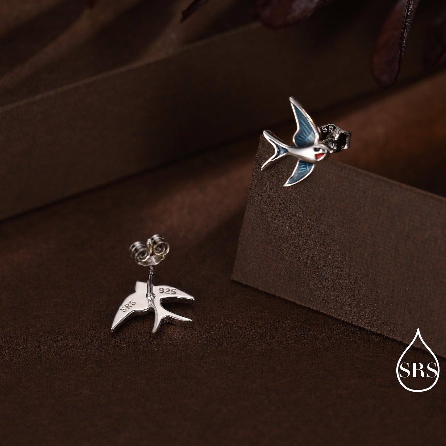Sterling Silver Barn Swallow Bird Stud Earrings, Enamel Painted Swallow Bird Stud Earrings, Fun and Quirky Colour Bird Stud