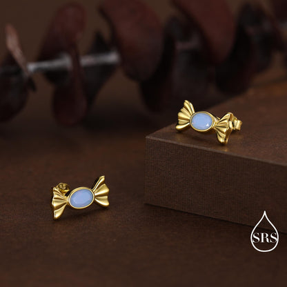 Opal Blue CZ Candy Stud Earrings in Sterling Silver, Silver or Gold Finish, Small Candy Sweet Earrings